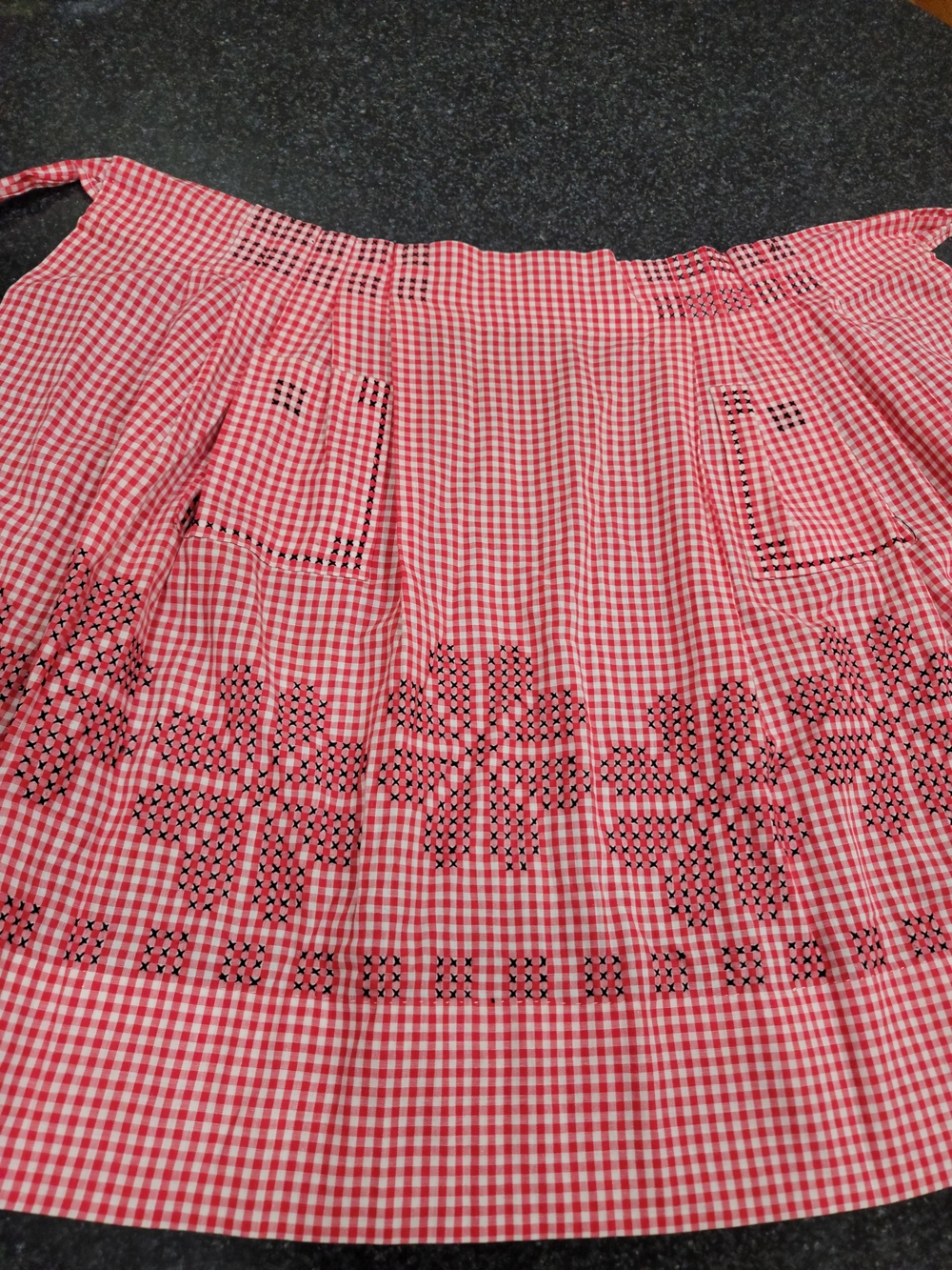 Vintage red and white gingham half apron black cross-stitch  chicken-scratch